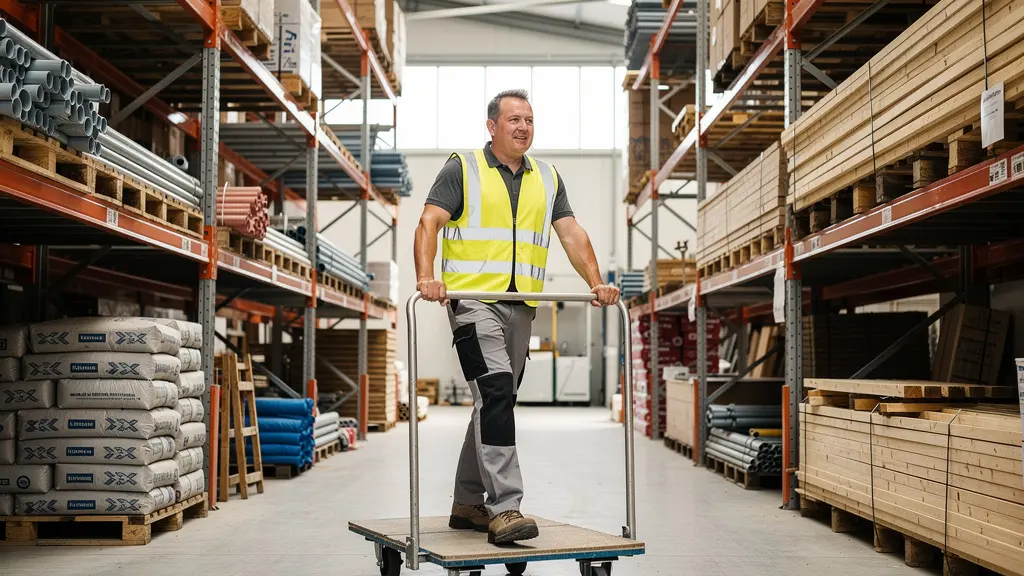 Entrepôt de négoce de matériaux de construction avec rayonnages et préparation de commande