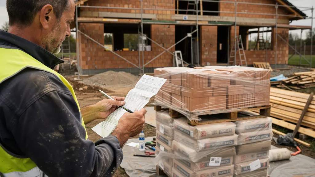 Artisan vérifiant une livraison de matériaux sur chantier de construction
